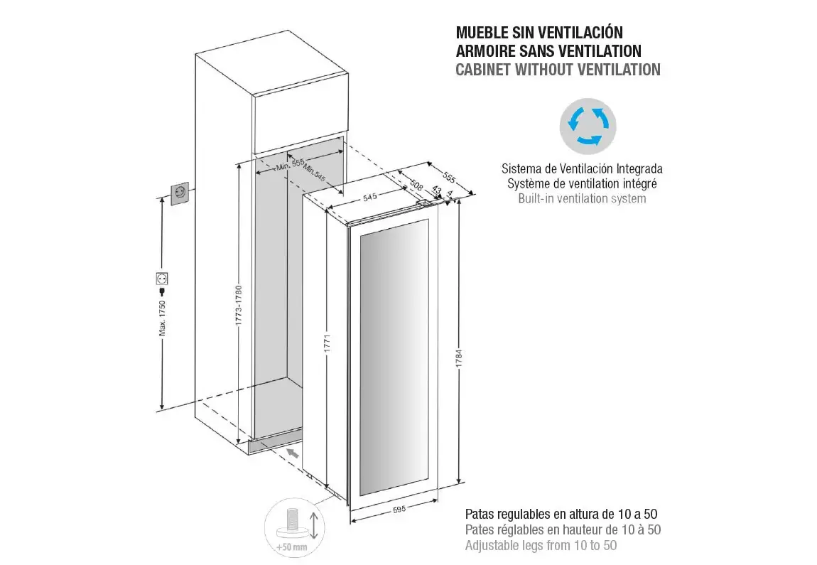 Vitrina de vin incorporabila Pando PVMAVP 178-101, latime 60 cm, 101 sticle, 2 zone de racire, deschidere PUSH-TO-OPEN - imagine 3
