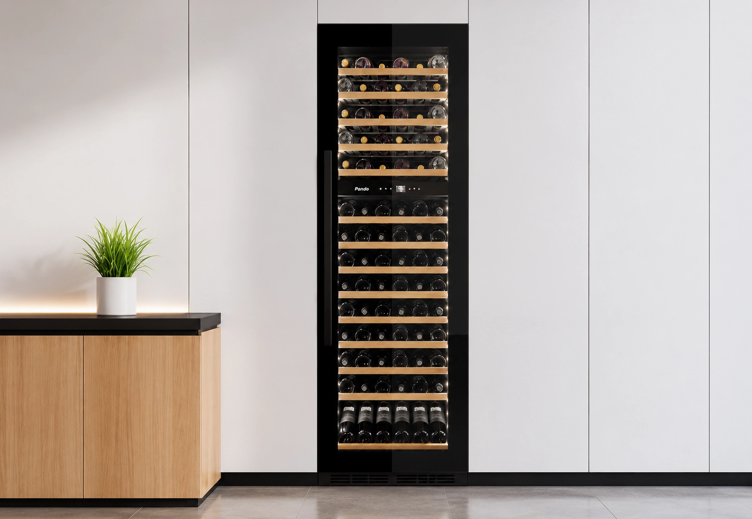 Vitrina de vin incorporabila Pando PVMAVP 178-101, latime 60 cm, 101 sticle, 2 zone de racire, deschidere PUSH-TO-OPEN