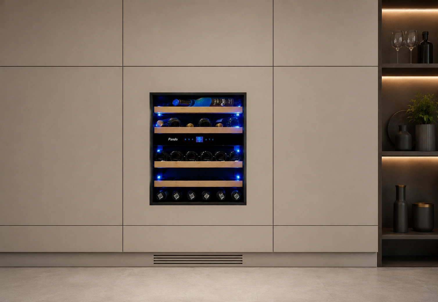 Vitrina de vin incorporabila si panelabila Pando PVMAP 60-23 PA, latime 60 cm, 23 sticle, 2 zone de racire, deschidere PUSH-TO-OPEN